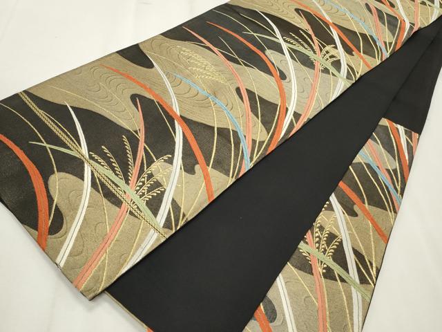 平和屋着物◎六通柄袋帯 唐織 流水草葉文 黒地 金糸 正絹 逸品 CABF2262qe