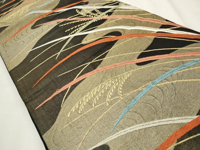 平和屋着物◎六通柄袋帯 唐織 流水草葉文 黒地 金糸 正絹 逸品 CABF2262qe