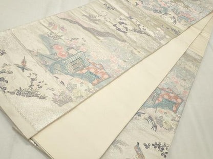 平和屋着物◎六通柄袋帯 唐織 道長競花文 銀糸 正絹 逸品 CABF2263qe