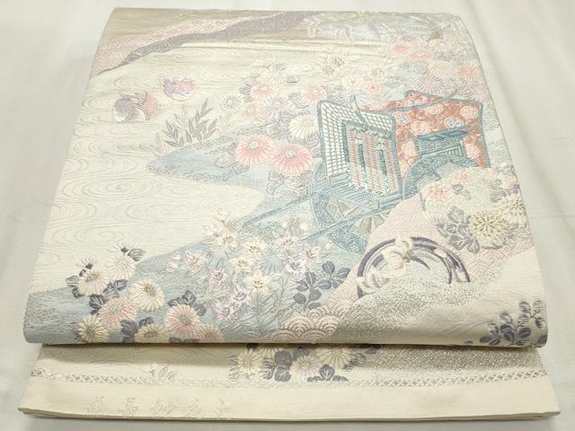 平和屋着物◎六通柄袋帯 唐織 道長競花文 銀糸 正絹 逸品 CABF2263qe