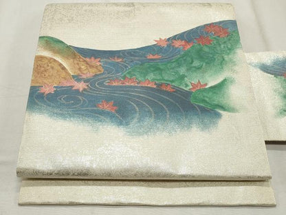 平和屋着物◎九寸名古屋帯　手描き　流水風景文　銀糸　正絹　逸品　CABF2273qe