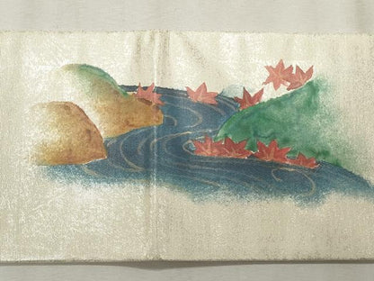 平和屋着物◎九寸名古屋帯　手描き　流水風景文　銀糸　正絹　逸品　CABF2273qe