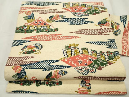 平和屋着物◎全通柄 九寸名古屋帯 型染め 風景文 正絹 逸品 CABF2274qe