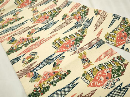 平和屋着物◎全通柄 九寸名古屋帯 型染め 風景文 正絹 逸品 CABF2274qe
