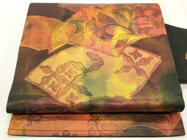 平和屋着物◎九寸名古屋帯 地紙花唐草文 黒地 金糸 正絹 逸品 CABF2277qe