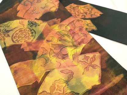 平和屋着物◎九寸名古屋帯 地紙花唐草文 黒地 金糸 正絹 逸品 CABF2277qe