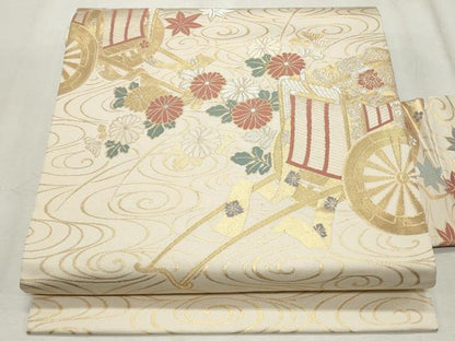 平和屋着物◎九寸名古屋帯　御所車流水草花文　金銀糸　正絹　逸品　CABF2279qe
