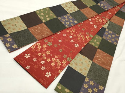 平和屋着物◎両面 半幅帯 市松草花文 金糸 CABF2315qe