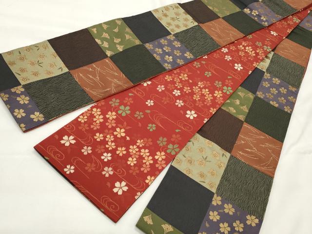 平和屋着物◎両面 半幅帯 市松草花文 金糸 CABF2315qe