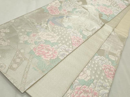 平和屋着物◎佐賀錦 六通柄袋帯 唐織 孔雀唐草花文 銀糸 正絹 逸品 CABF2336qe