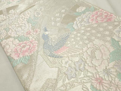 平和屋着物◎佐賀錦 六通柄袋帯 唐織 孔雀唐草花文 銀糸 正絹 逸品 CABF2336qe