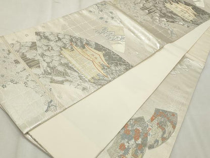 平和屋着物◎六通柄袋帯　唐織　地紙風景文　金閣寺　プラチナ箔二重織　正絹　逸品　CABF2339qe
