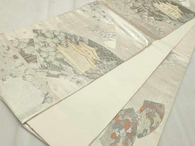 平和屋着物◎六通柄袋帯　唐織　地紙風景文　金閣寺　プラチナ箔二重織　正絹　逸品　CABF2339qe