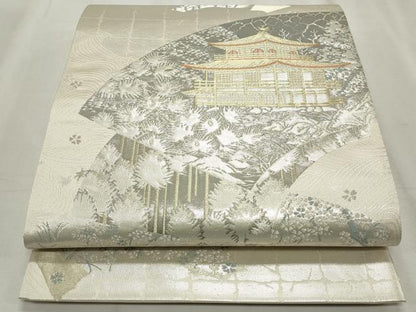 平和屋着物◎六通柄袋帯　唐織　地紙風景文　金閣寺　プラチナ箔二重織　正絹　逸品　CABF2339qe