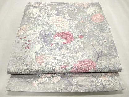 平和屋着物◎六通柄袋帯　唐織　尾長鳥枝草花文　銀糸　正絹　逸品　CABF2349qe