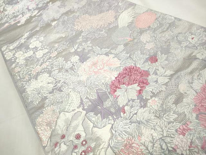 平和屋着物◎六通柄袋帯　唐織　尾長鳥枝草花文　銀糸　正絹　逸品　CABF2349qe