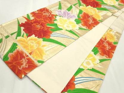 平和屋着物◎六通柄袋帯 唐織 草花文 金糸 正絹 逸品 CABF2352qe
