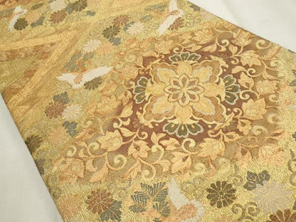 平和屋着物◎六通柄袋帯 松鶴吉祥菱文 金糸 正絹 逸品 CABF2354qe