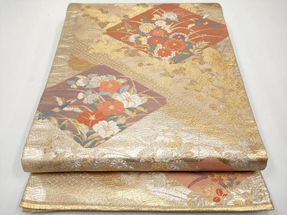 平和屋着物◎六通柄袋帯 唐織 花鳥菱文 金銀糸 正絹 逸品 CABF2412tx