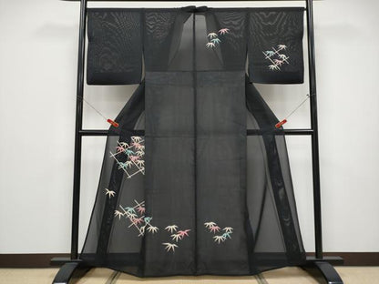 平和屋着物＊夏物 訪問着 絽 笹竹文 黒地 銀彩 正絹 逸品 CABF2455tx