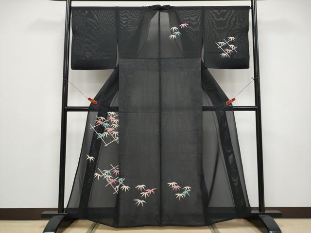 平和屋着物＊夏物 訪問着 絽 笹竹文 黒地 銀彩 正絹 逸品 CABF2455tx