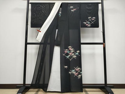 平和屋着物＊夏物 訪問着 絽 笹竹文 黒地 銀彩 正絹 逸品 CABF2455tx