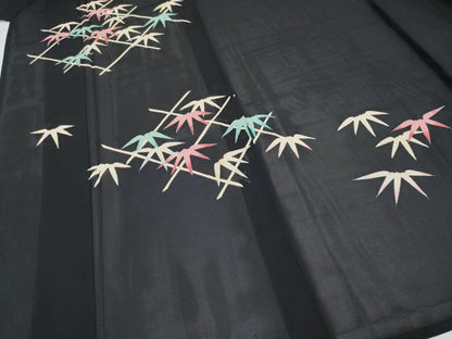 平和屋着物＊夏物 訪問着 絽 笹竹文 黒地 銀彩 正絹 逸品 CABF2455tx