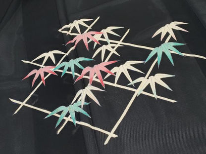 平和屋着物＊夏物 訪問着 絽 笹竹文 黒地 銀彩 正絹 逸品 CABF2455tx