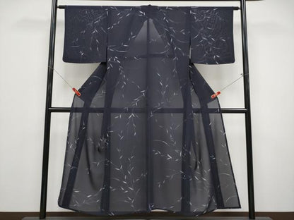平和屋着物＊夏物 小紋 絽 枝葉文 濃紺地 正絹 逸品 CABF2466tx