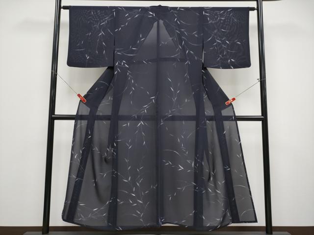 平和屋着物＊夏物 小紋 絽 枝葉文 濃紺地 正絹 逸品 CABF2466tx