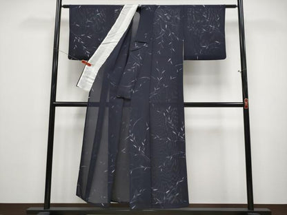 平和屋着物＊夏物 小紋 絽 枝葉文 濃紺地 正絹 逸品 CABF2466tx