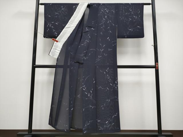 平和屋着物＊夏物 小紋 絽 枝葉文 濃紺地 正絹 逸品 CABF2466tx