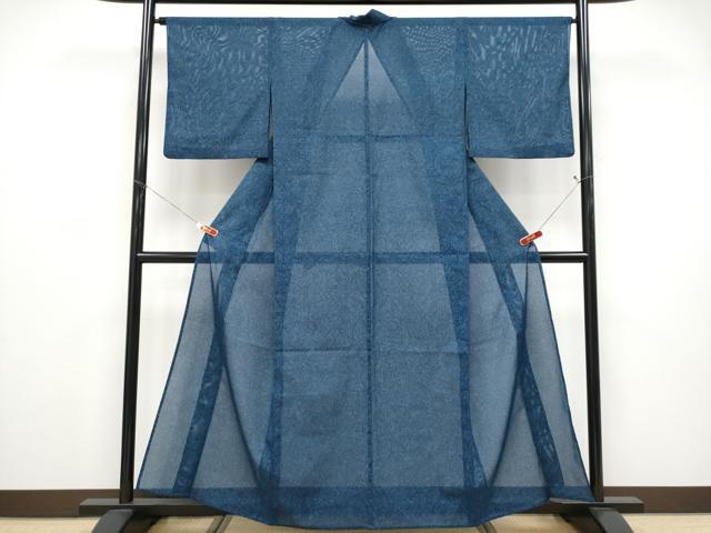 平和屋着物＊夏物　小紋　藍　型染め　絽　更紗花唐草文　洗える着物　CABF2496tx 平和屋着物＊夏物 小紋 藍 型染め 絽 更紗花唐草文 洗える着物