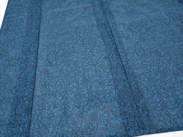 平和屋着物＊夏物　小紋　藍　型染め　絽　更紗花唐草文　洗える着物　CABF2496tx 平和屋着物＊夏物 小紋 藍 型染め 絽 更紗花唐草文 洗える着物