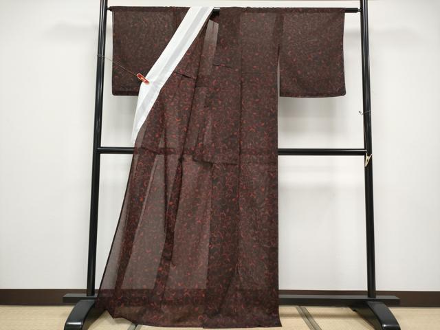平和屋着物＊夏物　小紋　紗　唐草文　黒地　洗える着物　未使用　CABF2504tx