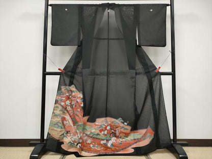 平和屋着物＊夏物 黒留袖 絽 御所車鴛鴦草花文 暈し染め 金彩 洗える着物 CABF2505tx
