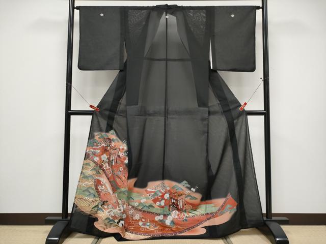 平和屋着物＊夏物 黒留袖 絽 御所車鴛鴦草花文 暈し染め 金彩 洗える着物 CABF2505tx