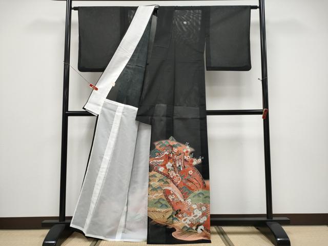 平和屋着物＊夏物 黒留袖 絽 御所車鴛鴦草花文 暈し染め 金彩 洗える着物 CABF2505tx