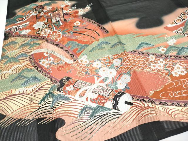 平和屋着物＊夏物　黒留袖　絽　御所車鴛鴦草花文　暈し染め　金彩　洗える着物　CABF2505tx 平和屋着物＊夏物 黒留袖 絽 御所車鴛鴦草花文 暈し染め 金彩 洗える