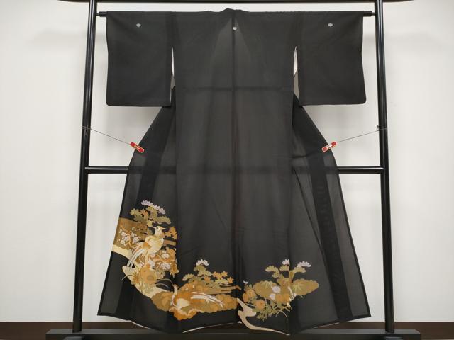 平和屋着物＊夏物　黒留袖　絽　刺繍　尾長鳥枝花文　金彩　洗える着物　CABF2508tx 平和屋着物＊夏物 黒留袖 絽 刺繍 尾長鳥枝花文 金彩 洗える