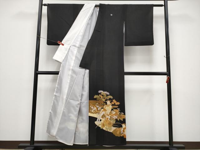 平和屋着物＊夏物　黒留袖　絽　刺繍　尾長鳥枝花文　金彩　洗える着物　CABF2508tx 平和屋着物＊夏物 黒留袖 絽 刺繍 尾長鳥枝花文 金彩 洗える