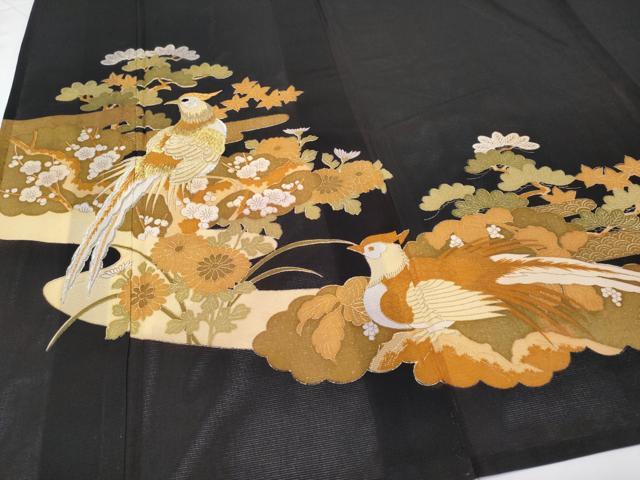 平和屋着物＊夏物　黒留袖　絽　刺繍　尾長鳥枝花文　金彩　洗える着物　CABF2508tx 平和屋着物＊夏物 黒留袖 絽 刺繍 尾長鳥枝花文 金彩 洗える