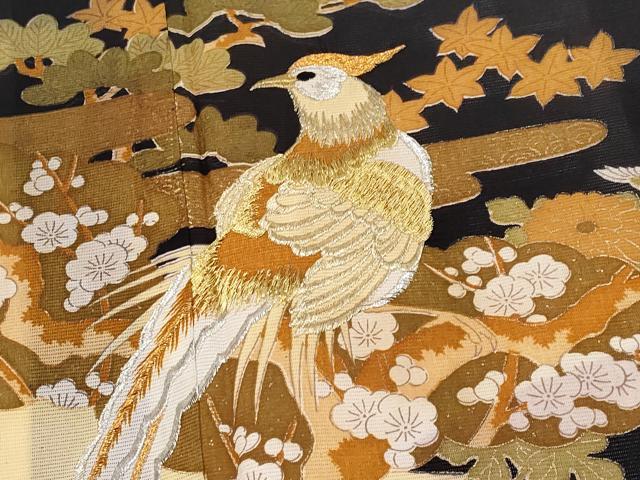 平和屋着物＊夏物　黒留袖　絽　刺繍　尾長鳥枝花文　金彩　洗える着物　CABF2508tx 平和屋着物＊夏物 黒留袖 絽 刺繍 尾長鳥枝花文 金彩 洗える