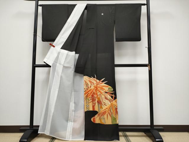 平和屋着物＊夏物　黒留袖　絽　駒刺繍　笹竹文　金彩　洗える着物　CABF2510tx 平和屋着物＊夏物 黒留袖 絽 駒刺繍 笹竹文 金彩 洗える着物