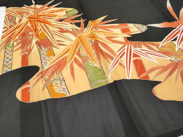 平和屋着物＊夏物 黒留袖 絽 駒刺繍 笹竹文 金彩 洗える着物 CABF2510tx