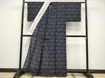 平和屋着物＊夏物 紗紬 絵絣 濃紺地 正絹 逸品 CABF2532tx