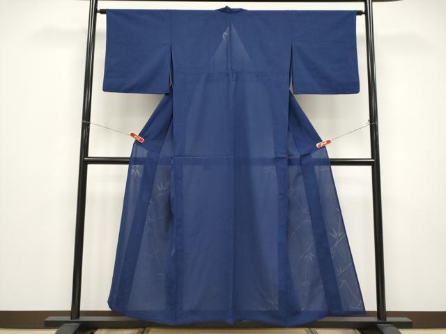 平和屋着物＊夏物　色無地　絽縮緬　笹竹紋紗　紺青色　正絹　逸品　CABF2536tx 平和屋着物＊夏物 色無地 絽縮緬 笹竹紋紗 紺青色 正絹 逸品