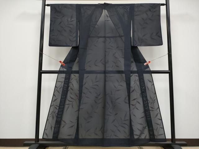 平和屋着物＊夏物 小紋 紗 枝葉文 黒地 正絹 逸品 CABF2628tx