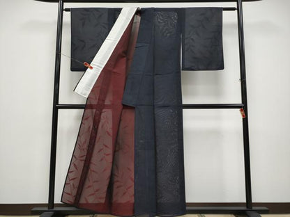 平和屋着物＊夏物 小紋 紗 枝葉文 黒地 正絹 逸品 CABF2628tx