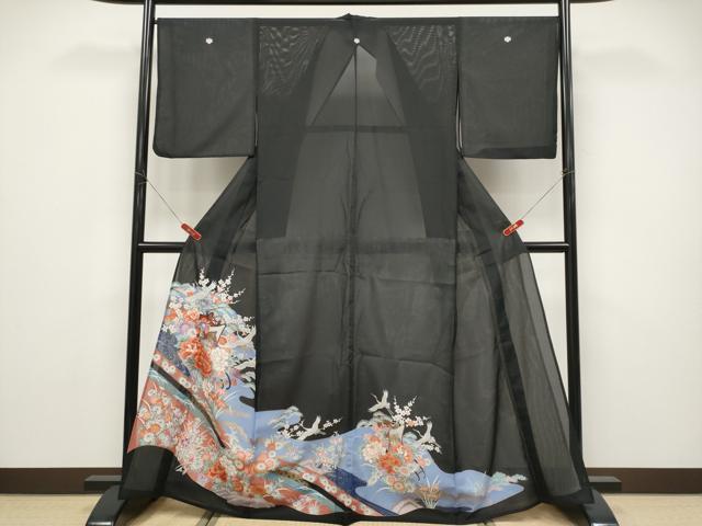 平和屋着物＊夏物　黒留袖　絽　御所車飛鶴草花文　金彩　洗える着物　CABF2641tx